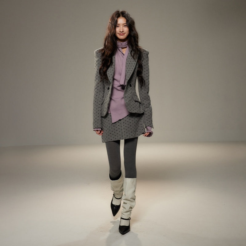 Grey Polka Dot Notch Lapel Cinched Waist Long Sleeve Women's Blazer Skirt Suits