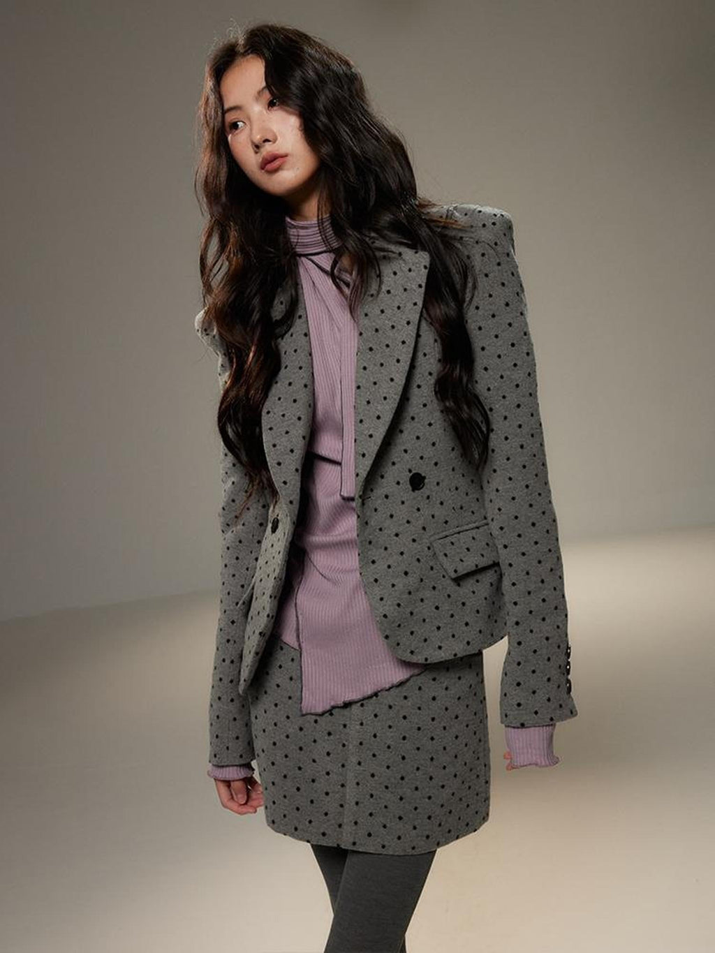 Grey Polka Dot Notch Lapel Cinched Waist Long Sleeve Women's Blazer Skirt Suits