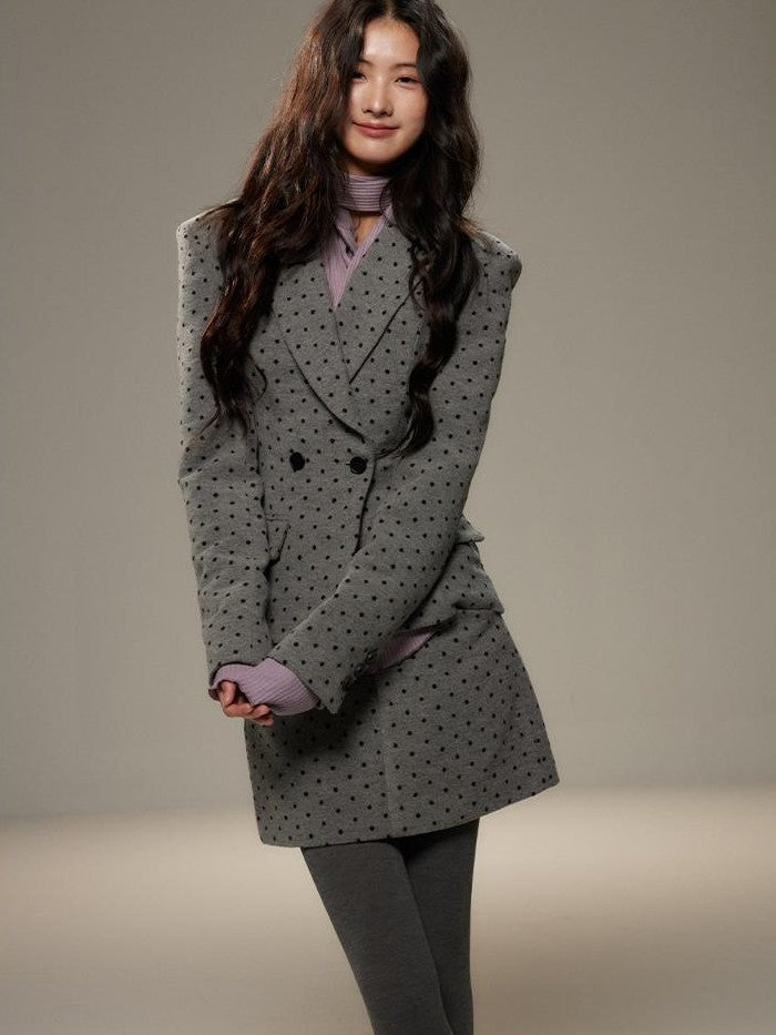 Grey Polka Dot Notch Lapel Cinched Waist Long Sleeve Women's Blazer Skirt Suits