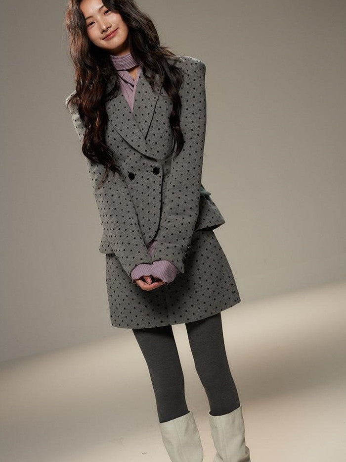 Grey Polka Dot Notch Lapel Cinched Waist Long Sleeve Women's Blazer Skirt Suits
