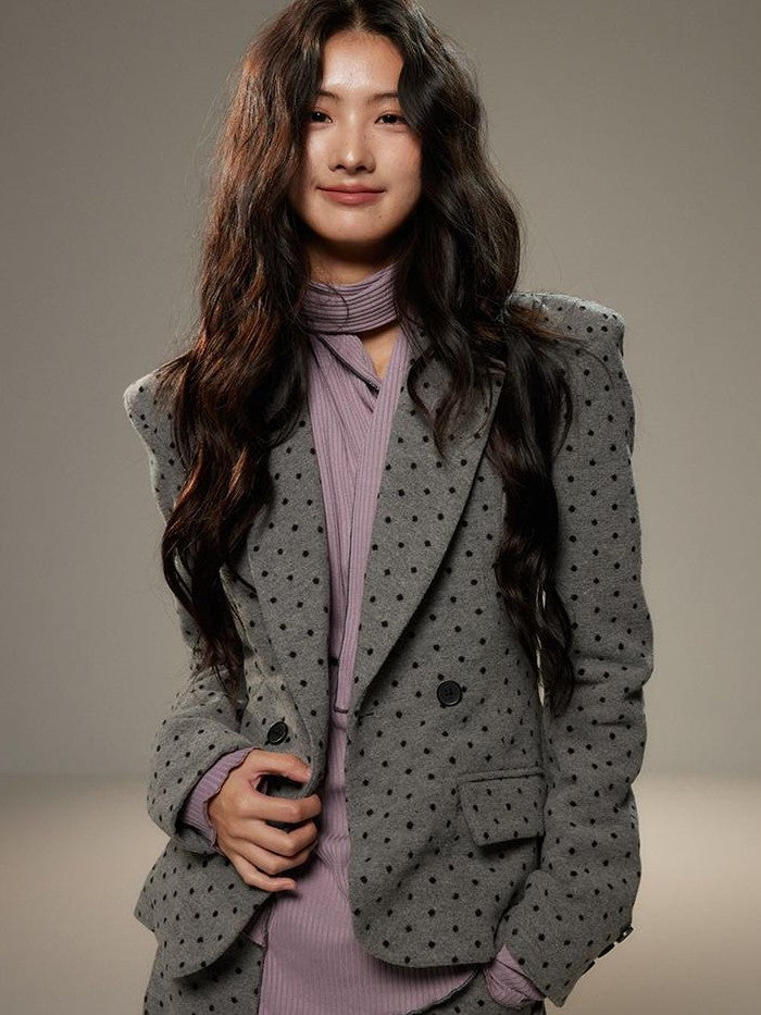 Grey Polka Dot Notch Lapel Cinched Waist Long Sleeve Women's Blazer Skirt Suits