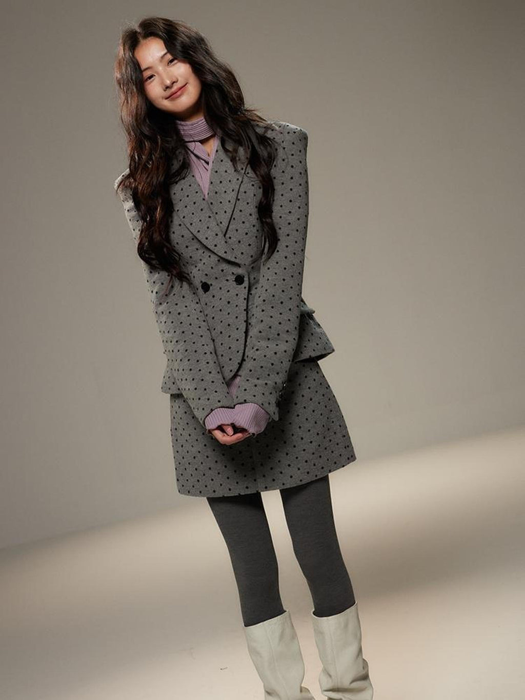 Grey Polka Dot Notch Lapel Cinched Waist Long Sleeve Women's Blazer Skirt Suits