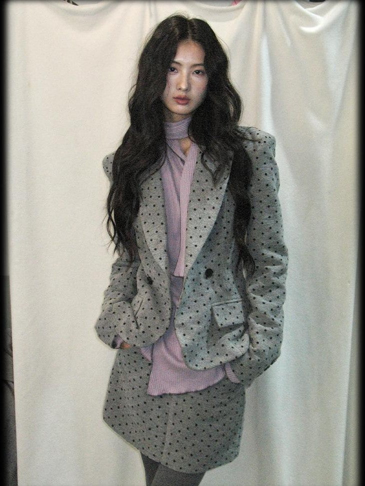 Grey Polka Dot Notch Lapel Cinched Waist Long Sleeve Women's Blazer Skirt Suits