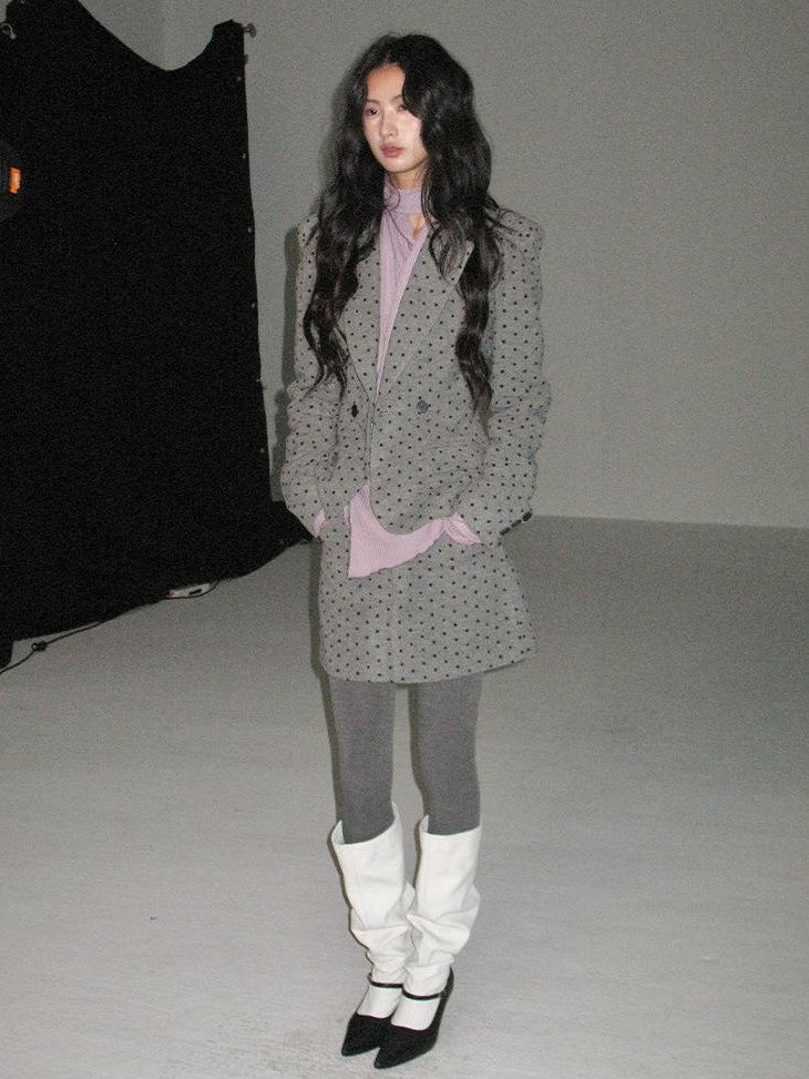 Grey Polka Dot Notch Lapel Cinched Waist Long Sleeve Women's Blazer Skirt Suits