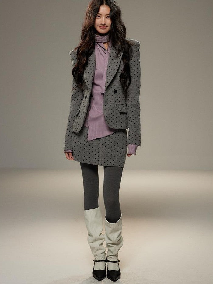 Grey Polka Dot Notch Lapel Cinched Waist Long Sleeve Women's Blazer Skirt Suits