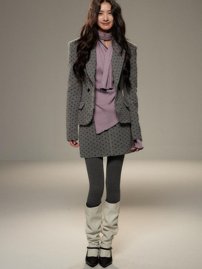 Grey Polka Dot Notch Lapel Cinched Waist Long Sleeve Women's Blazer Skirt Suits