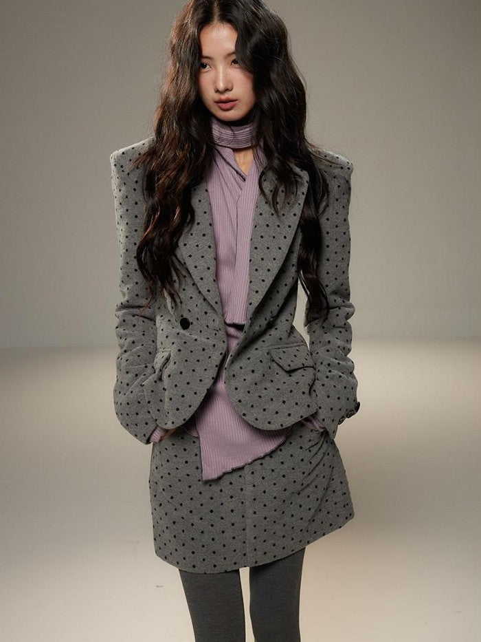 Grey Polka Dot Notch Lapel Cinched Waist Long Sleeve Women's Blazer Skirt Suits