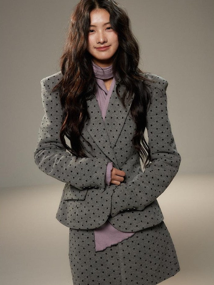 Grey Polka Dot Notch Lapel Cinched Waist Long Sleeve Women's Blazer Skirt Suits