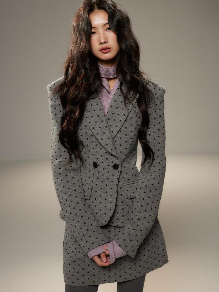 Grey Polka Dot Notch Lapel Cinched Waist Long Sleeve Women's Blazer Skirt Suits