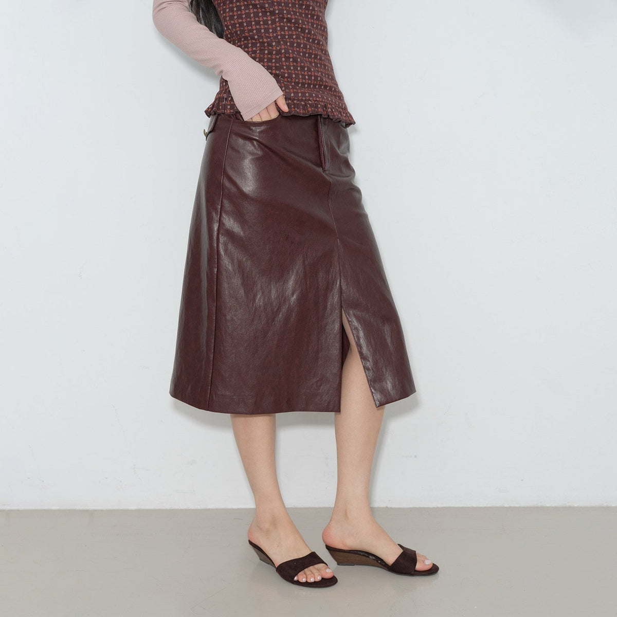 High Waist Pu Front Slit A Line Street Sporty Casual Magenta Midi Skirts