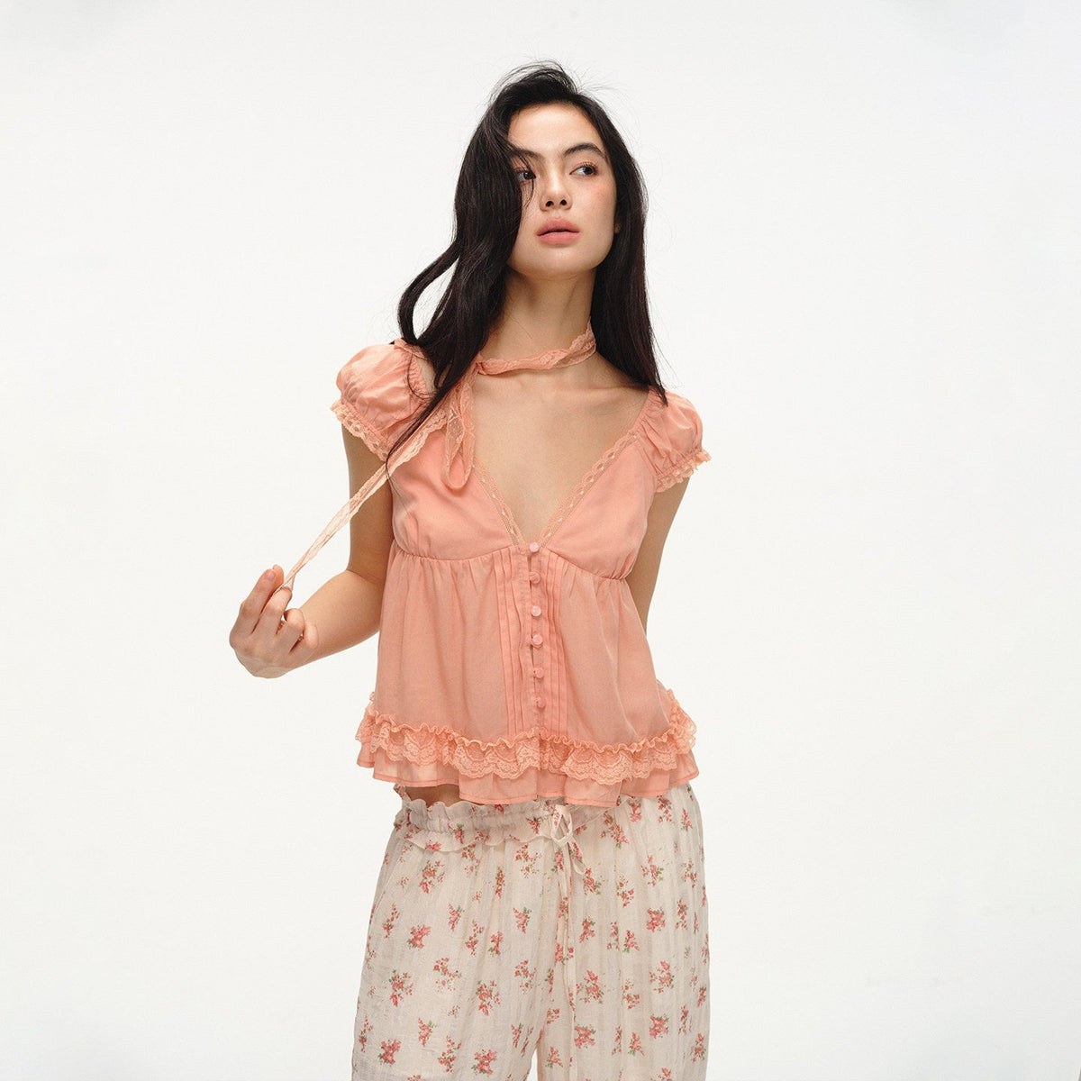Lace Bow Tie V-neck Puff Sleeve Peach Pink Women's Lyocell Short Sleeve T-shirts