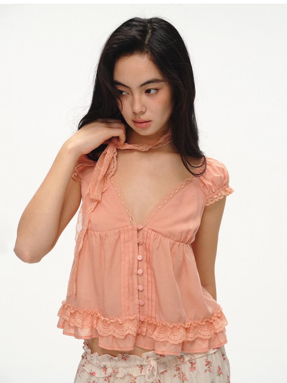 Lace Bow Tie V-neck Puff Sleeve Peach Pink Women's Lyocell Short Sleeve T-shirts