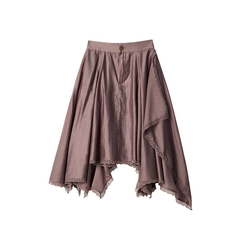 Lace Ruched A Line Mid Waist Loose Street Sporty Casual Young Women Midi Skirts
