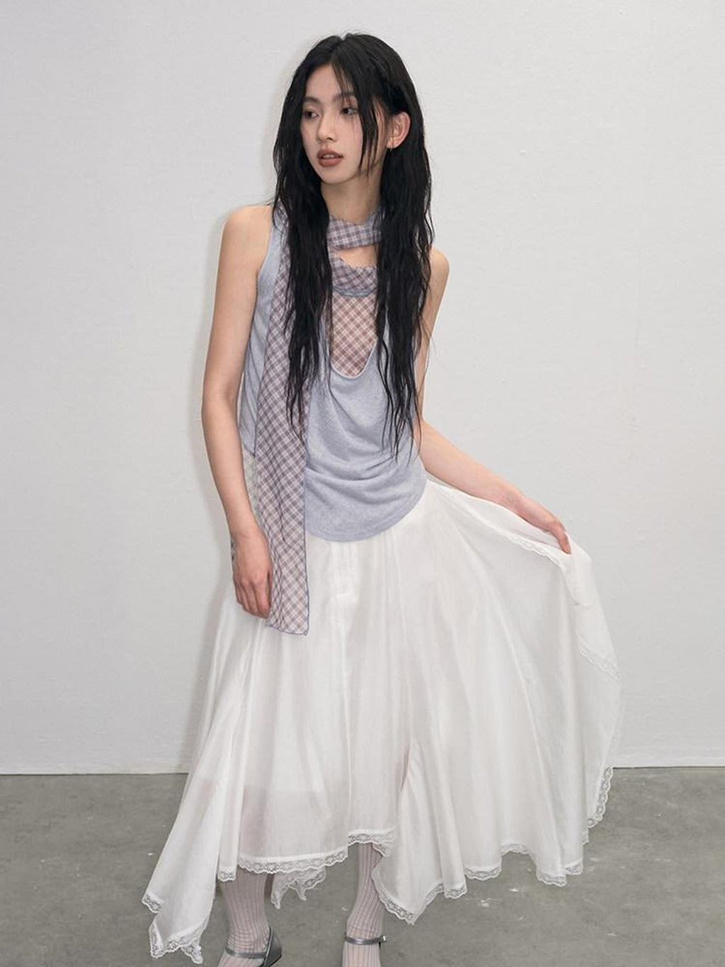 Lace Ruched A Line Mid Waist Loose Street Sporty Casual Young Women Midi Skirts