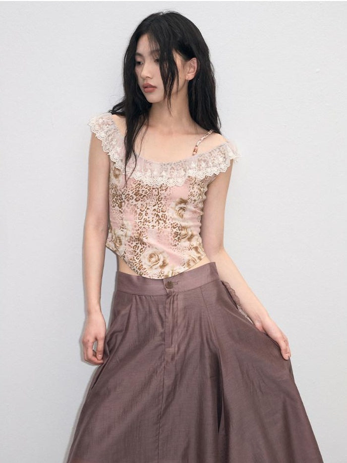 Lace Ruched A Line Mid Waist Loose Street Sporty Casual Young Women Midi Skirts
