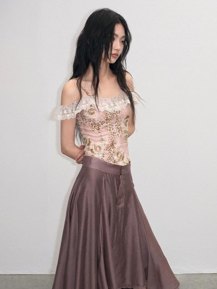 Lace Ruched A Line Mid Waist Loose Street Sporty Casual Young Women Midi Skirts