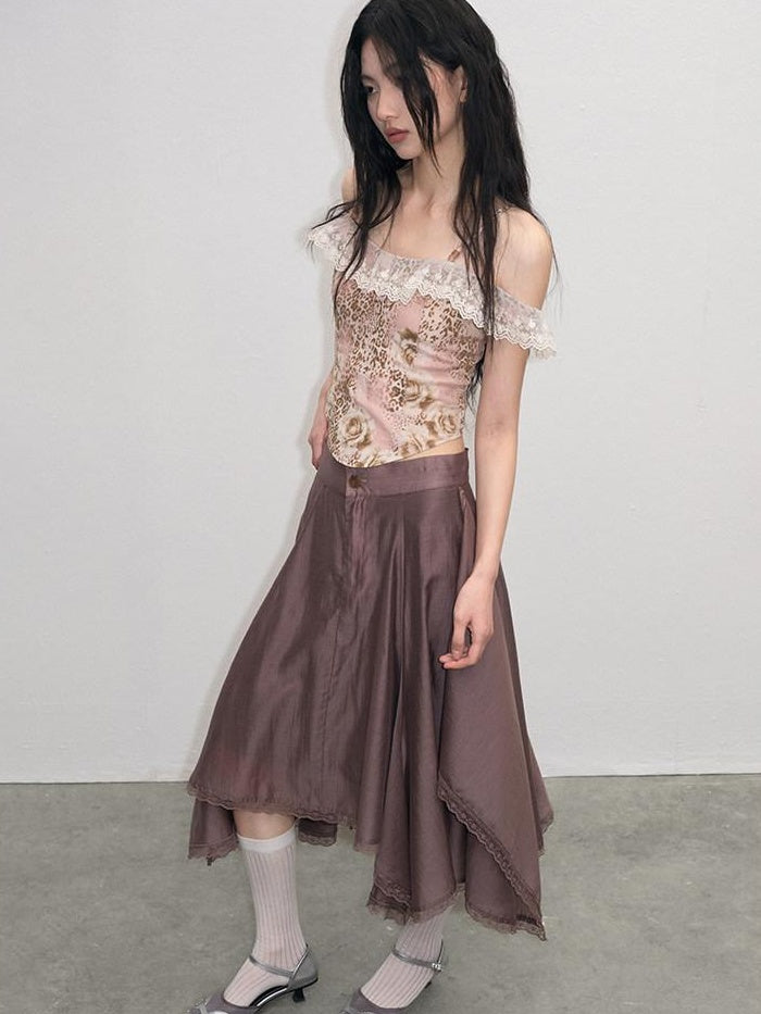 Lace Ruched A Line Mid Waist Loose Street Sporty Casual Young Women Midi Skirts
