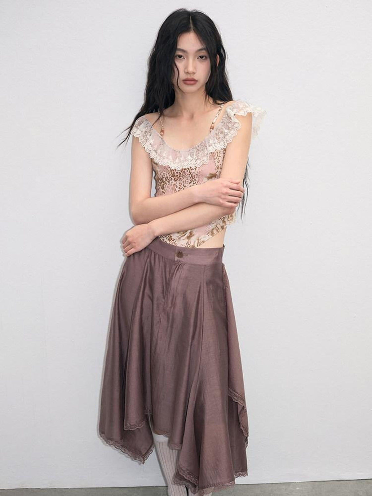 Lace Ruched A Line Mid Waist Loose Street Sporty Casual Young Women Midi Skirts