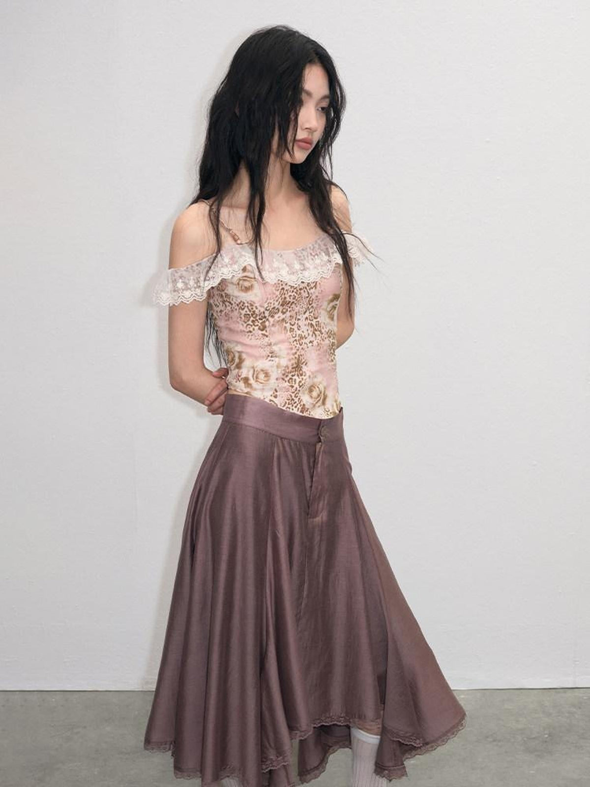 Lace Ruched A Line Mid Waist Loose Street Sporty Casual Young Women Midi Skirts