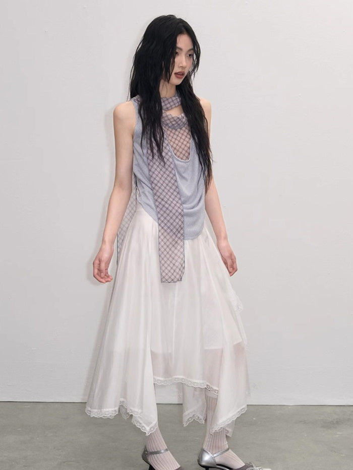 Lace Ruched A Line Mid Waist Loose Street Sporty Casual Young Women Midi Skirts