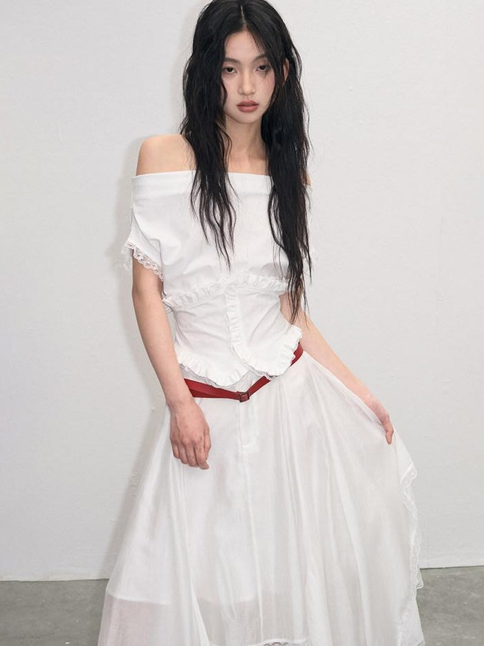 Lace Ruched A Line Mid Waist Loose Street Sporty Casual Young Women Midi Skirts