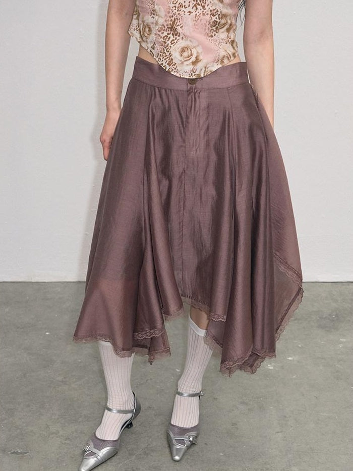 Lace Ruched A Line Mid Waist Loose Street Sporty Casual Young Women Midi Skirts
