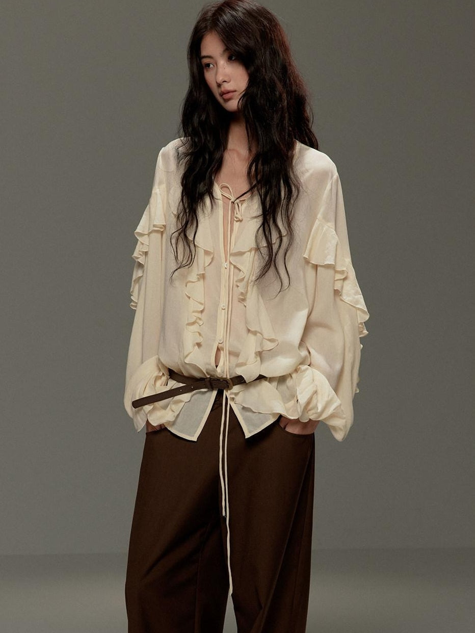 Lyocell Tie V-neck Cardigan Loose Street Style Women Beige Long Sleeve T-Shirts