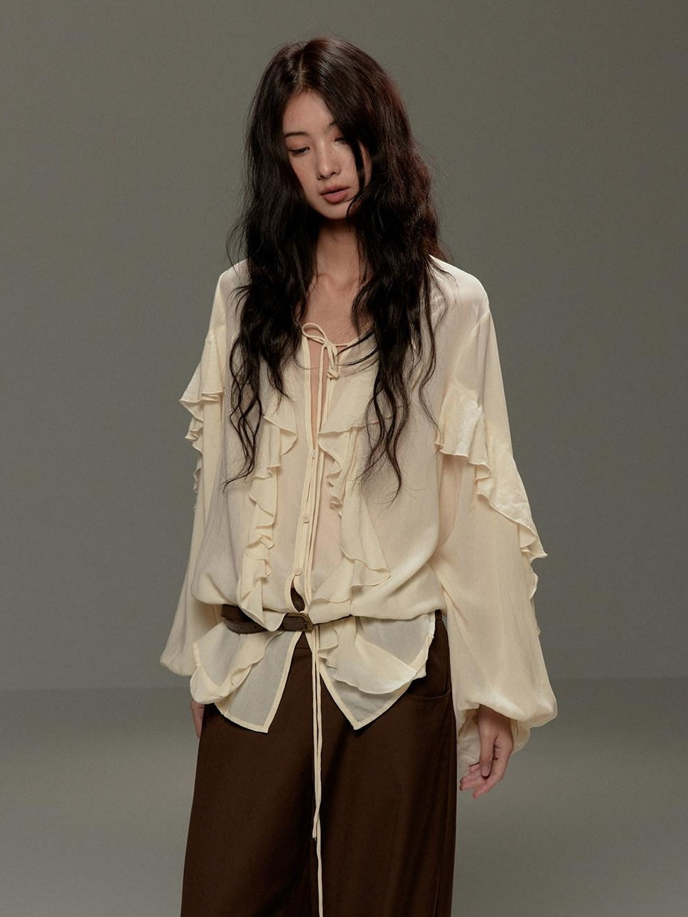 Lyocell Tie V-neck Cardigan Loose Street Style Women Beige Long Sleeve T-Shirts