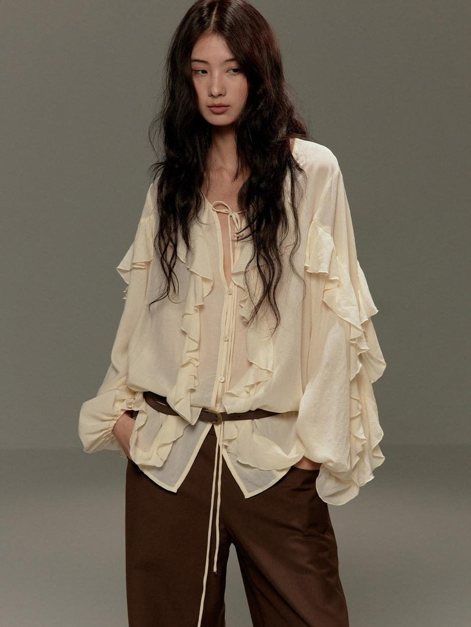 Lyocell Tie V-neck Cardigan Loose Street Style Women Beige Long Sleeve T-Shirts