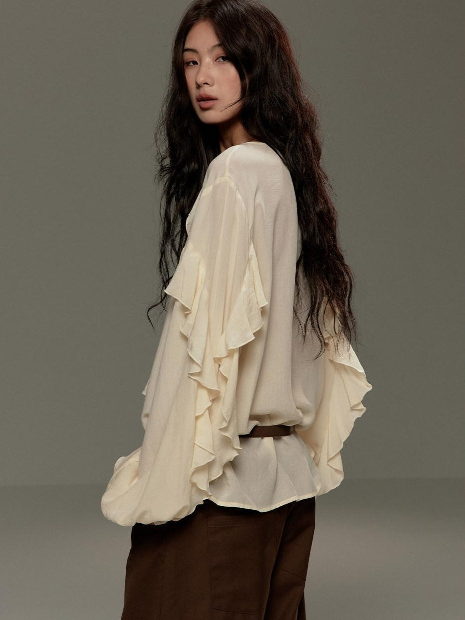 Lyocell Tie V-neck Cardigan Loose Street Style Women Beige Long Sleeve T-Shirts
