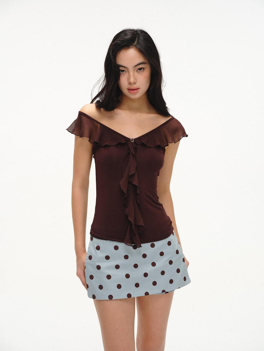 Mint Green Polka Dot Colorblock Patchwork A Line Low Waist Women's Cotton Skorts