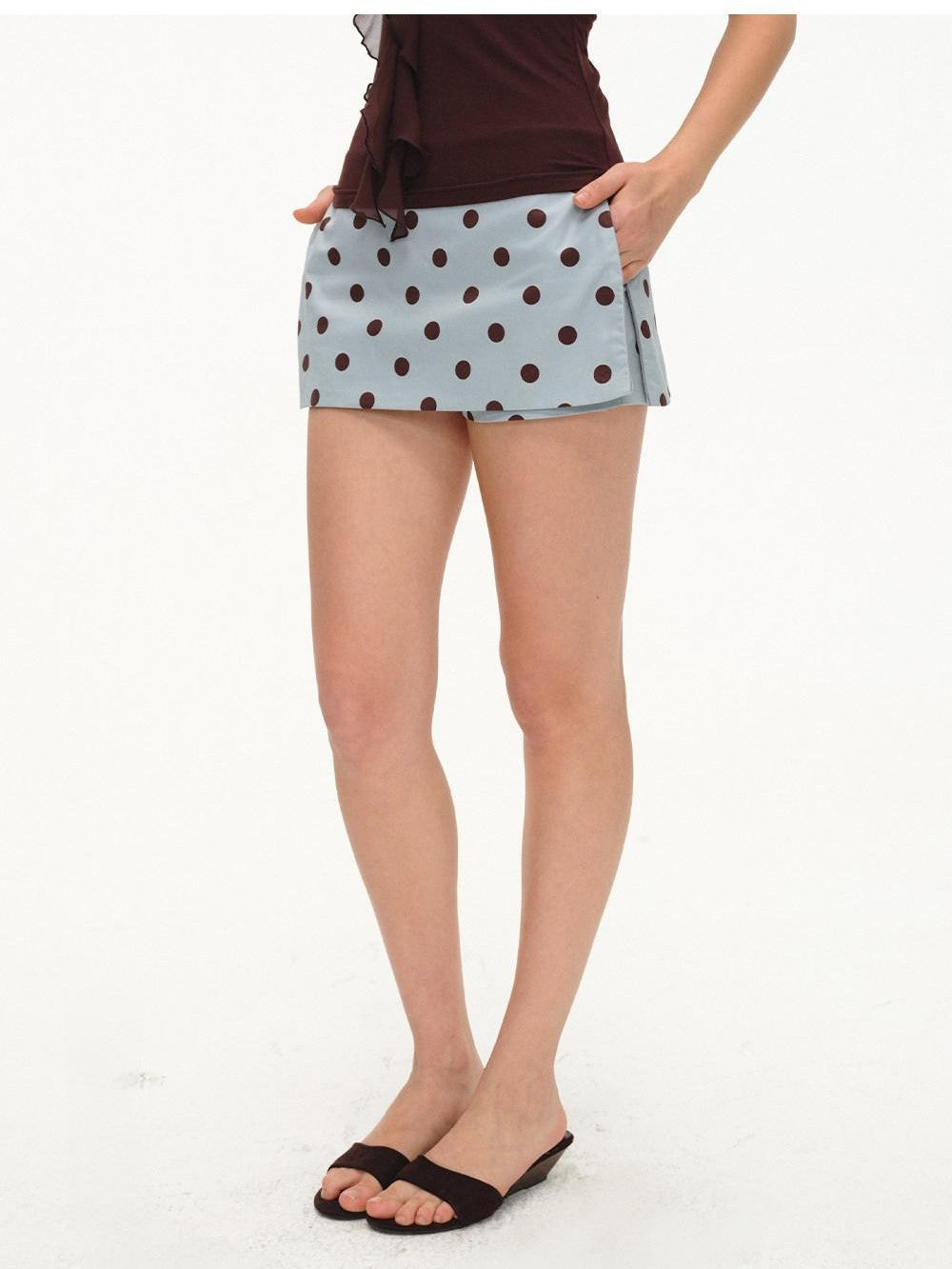 Mint Green Polka Dot Colorblock Patchwork A Line Low Waist Women's Cotton Skorts