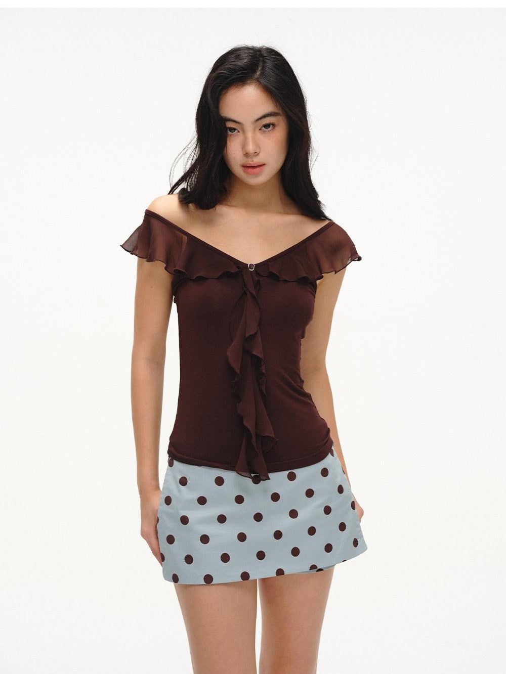 Mint Green Polka Dot Colorblock Patchwork A Line Low Waist Women's Cotton Skorts