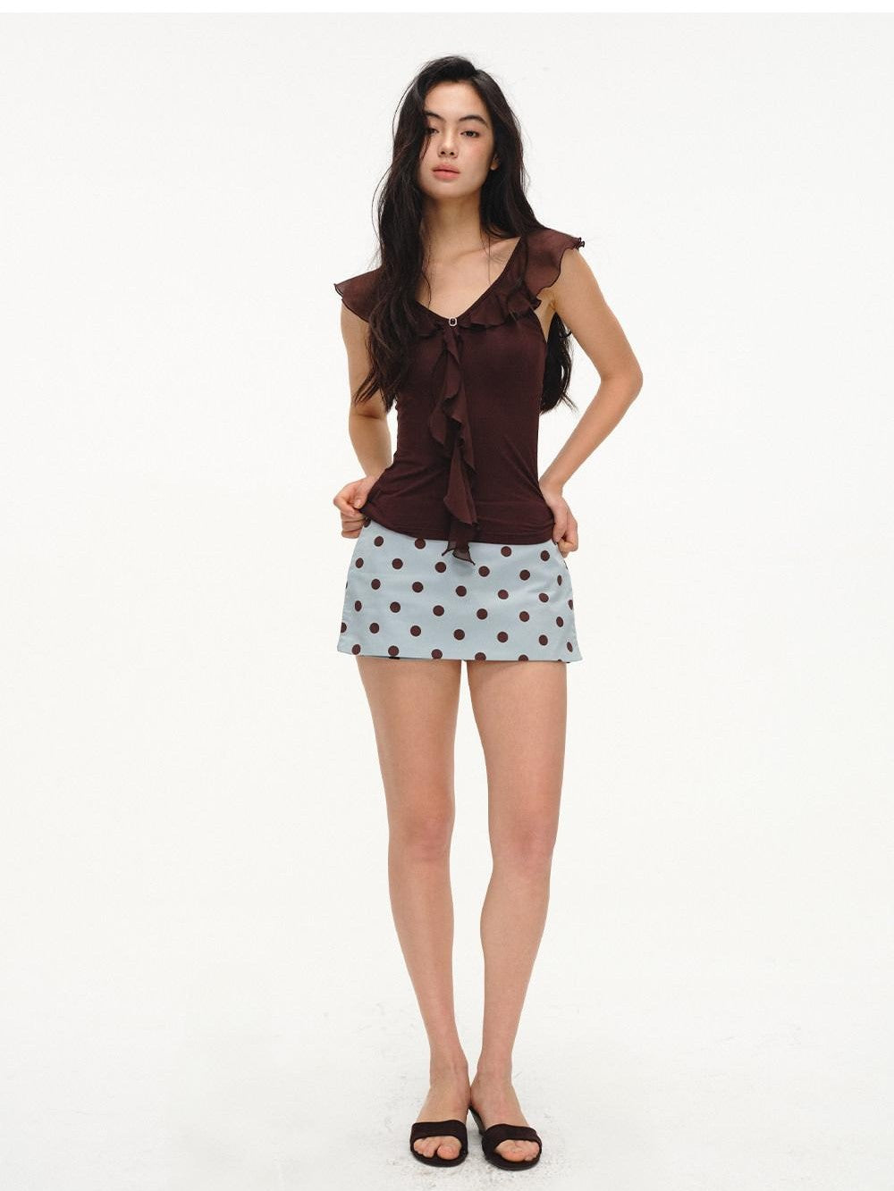Mint Green Polka Dot Colorblock Patchwork A Line Low Waist Women's Cotton Skorts