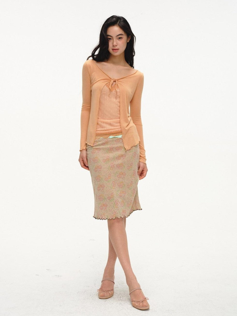 Orange Lace Splice Layered Two Piece Long Sleeve Cardigan Women's Knit Camisoles