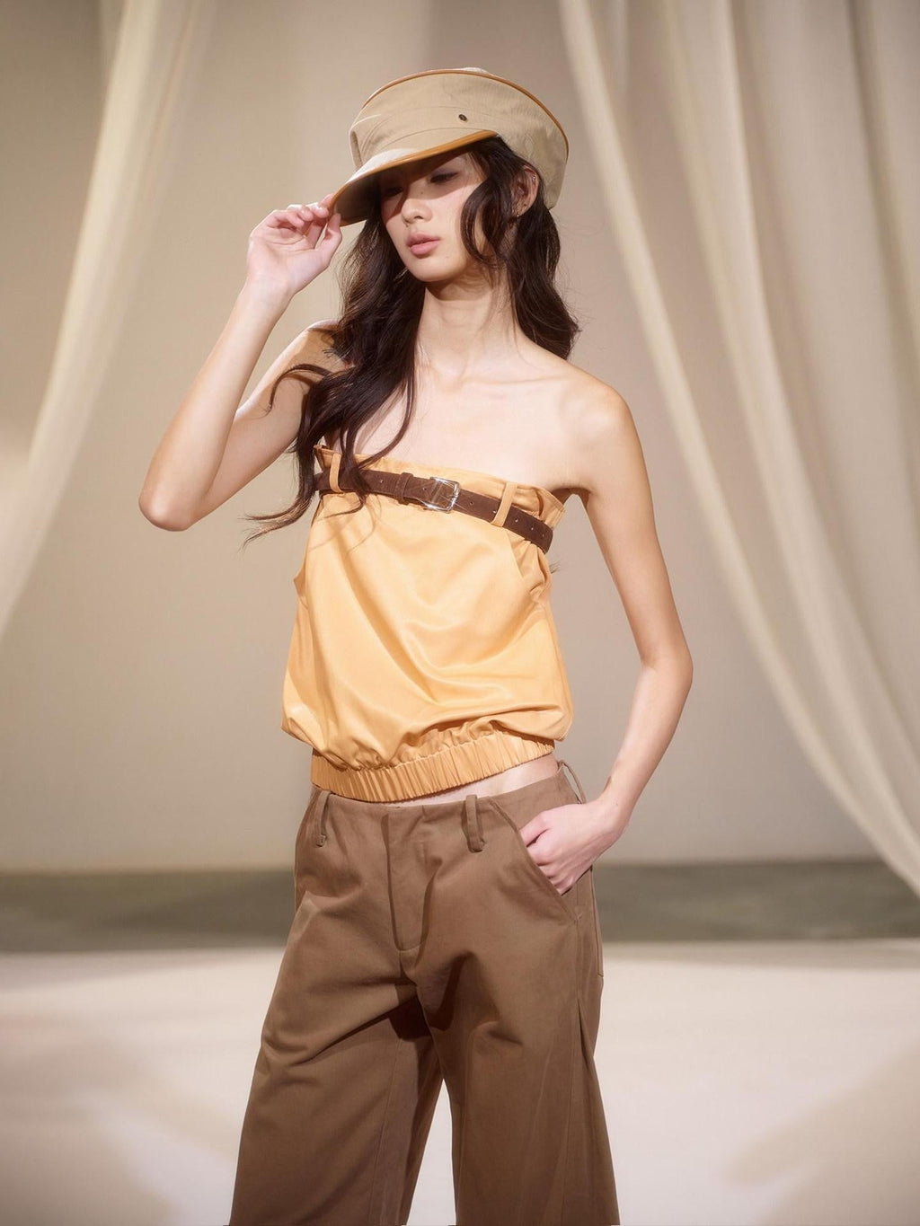 Orange Retro Hot Girl Elastic Waist Women's Faux Leather Tube Tops