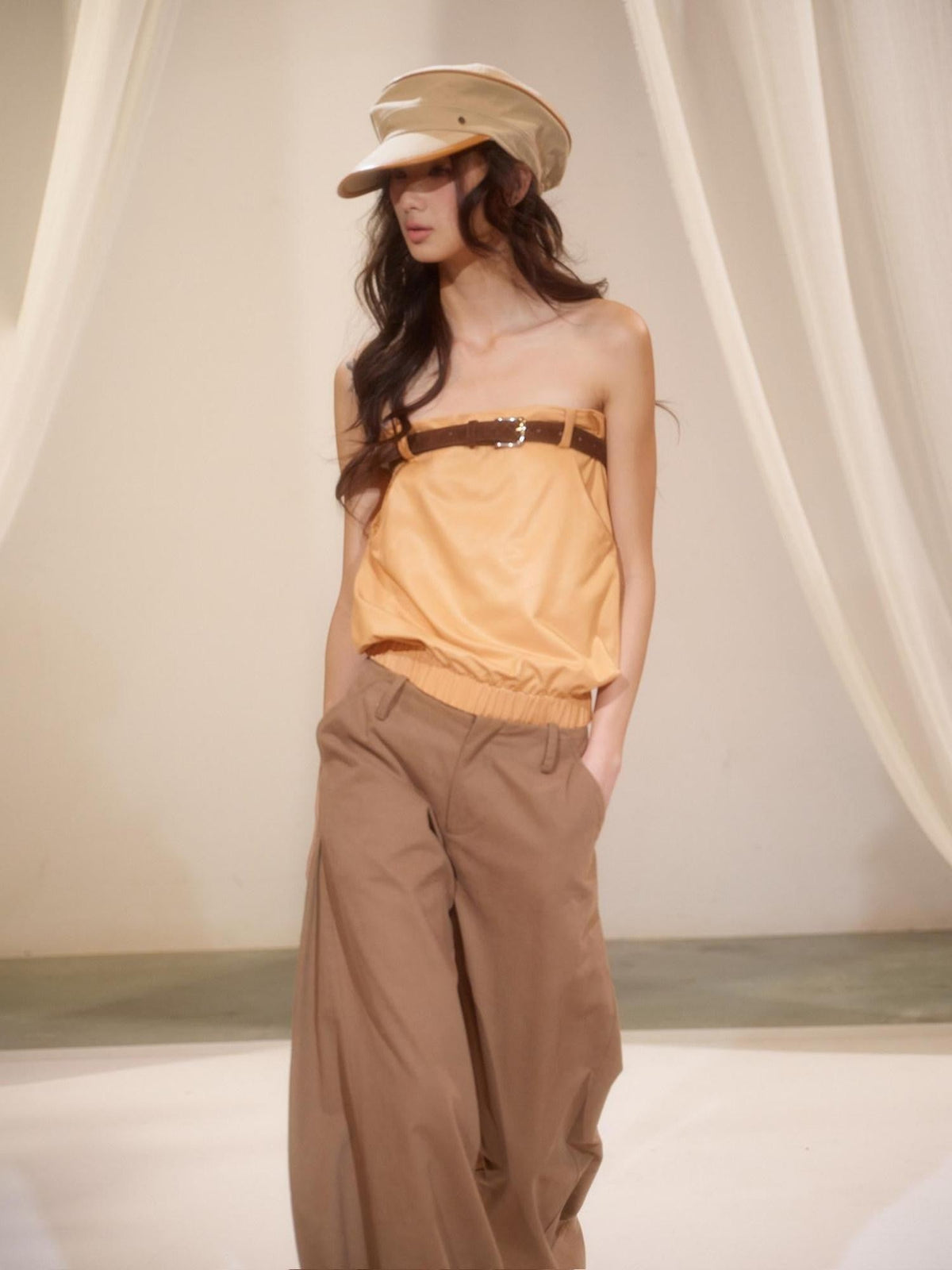 Orange Retro Hot Girl Elastic Waist Women's Faux Leather Tube Tops