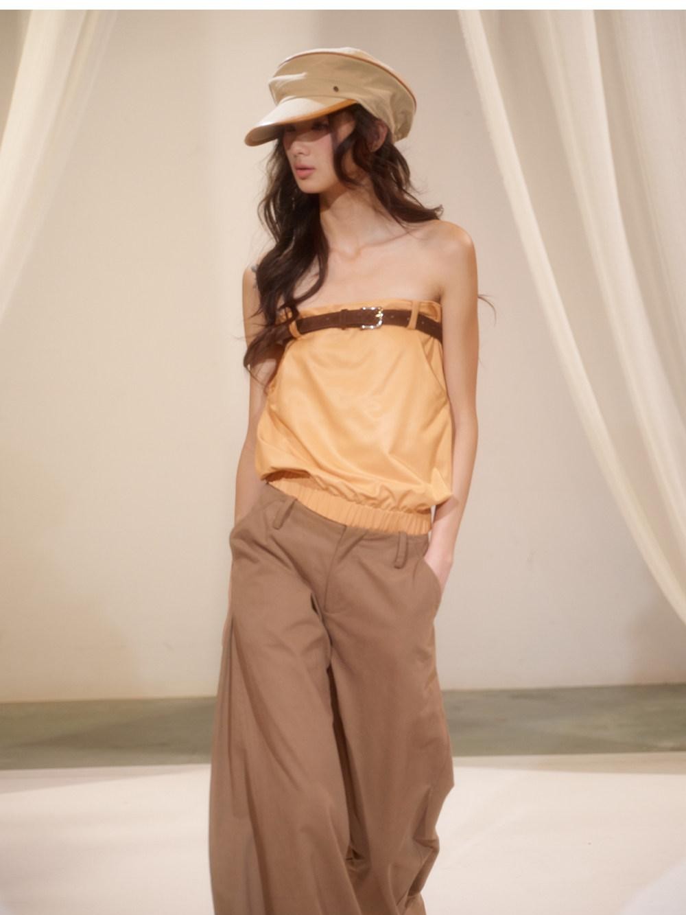 Orange Retro Hot Girl Elastic Waist Women's Faux Leather Tube Tops