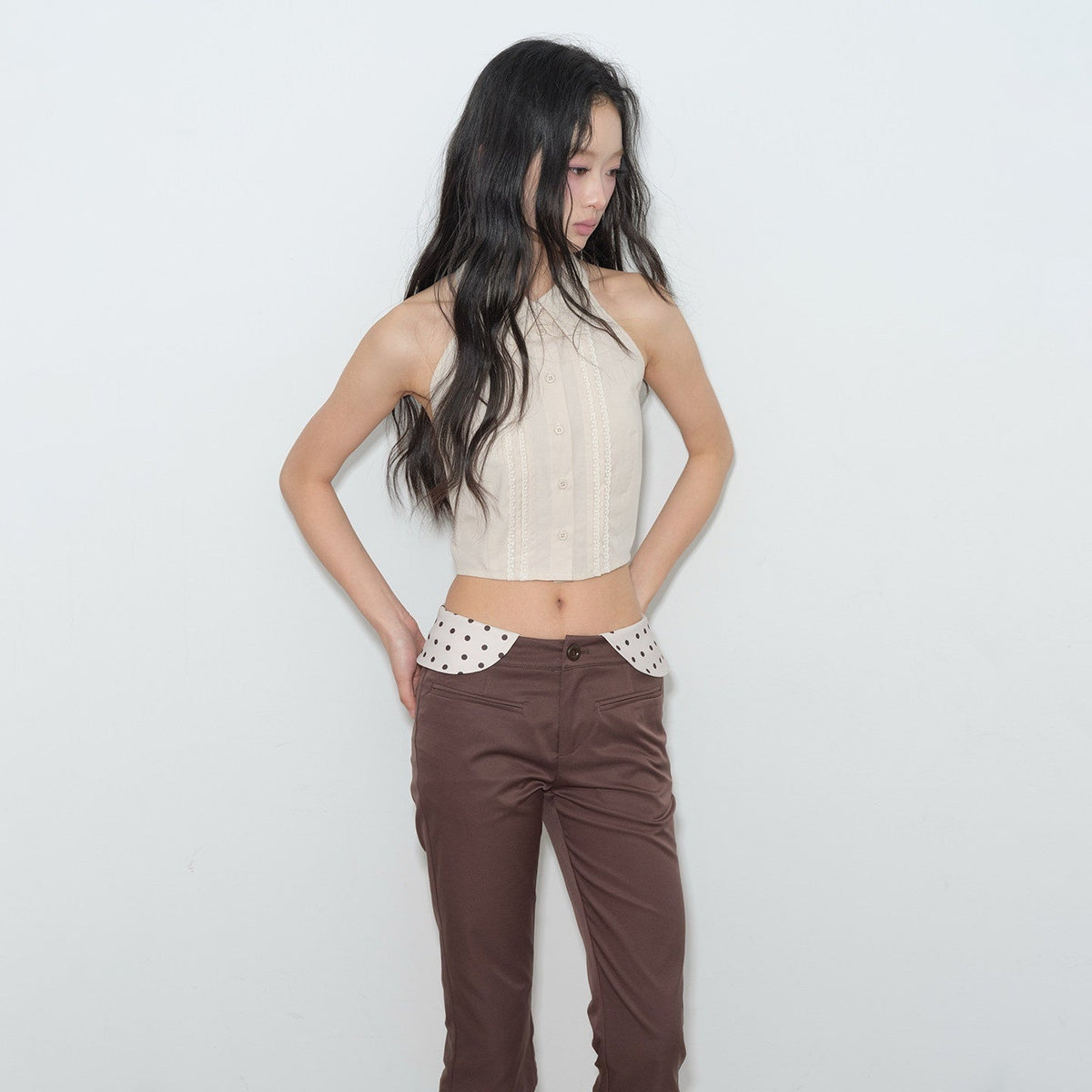 Pleated Knit Sleeveless Low Waist Street Sporty Young Women Ivory Pink Blouses