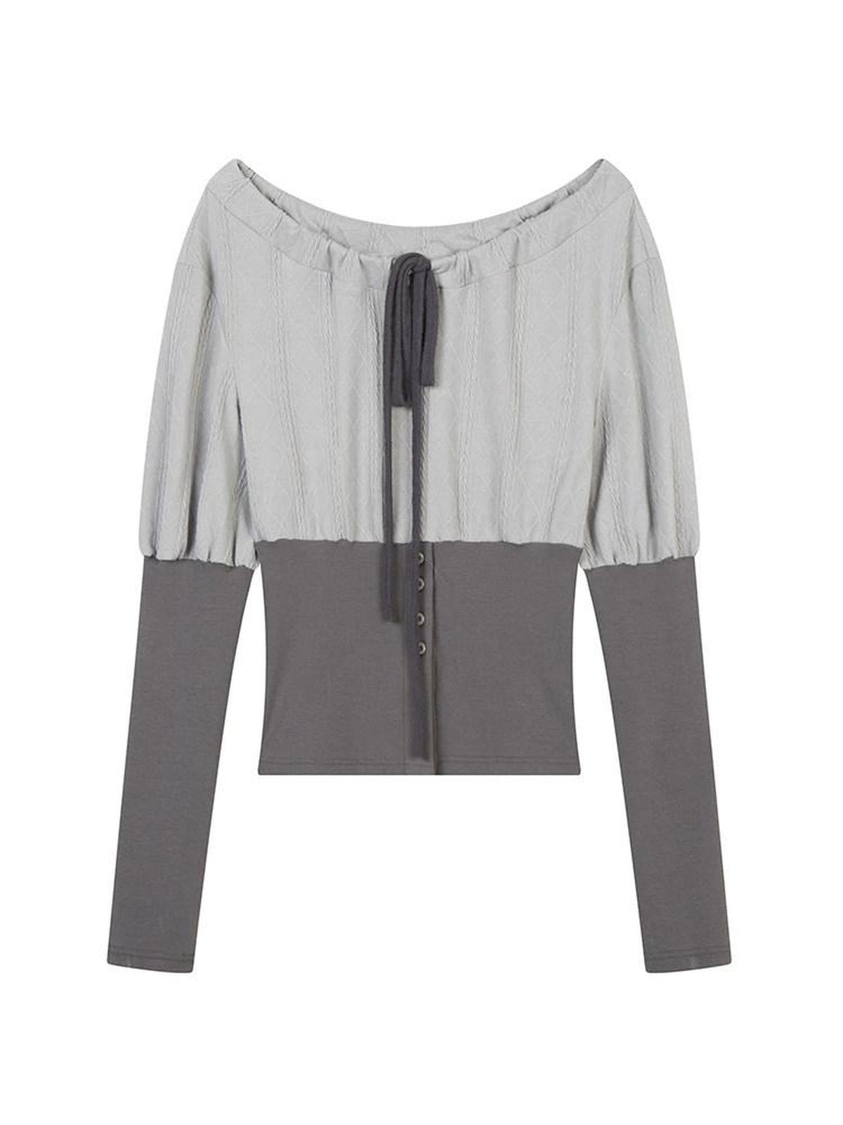 Puff Sleeve Colorblock Slim Fit Streetwear Grey Crew Neck Long Sleeve T-Shirts
