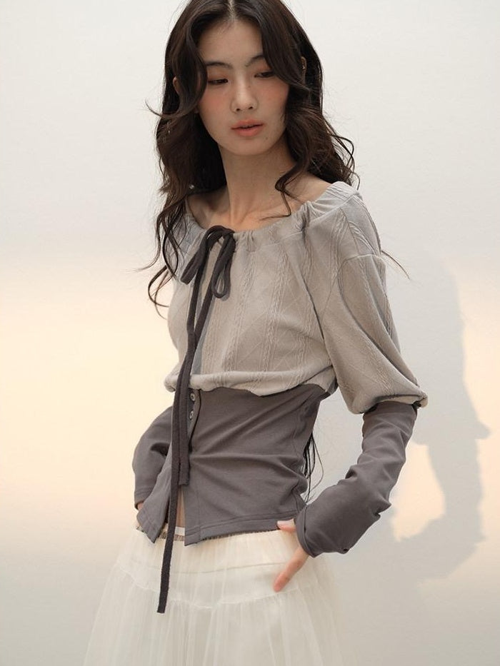 Puff Sleeve Colorblock Slim Fit Streetwear Grey Crew Neck Long Sleeve T-Shirts