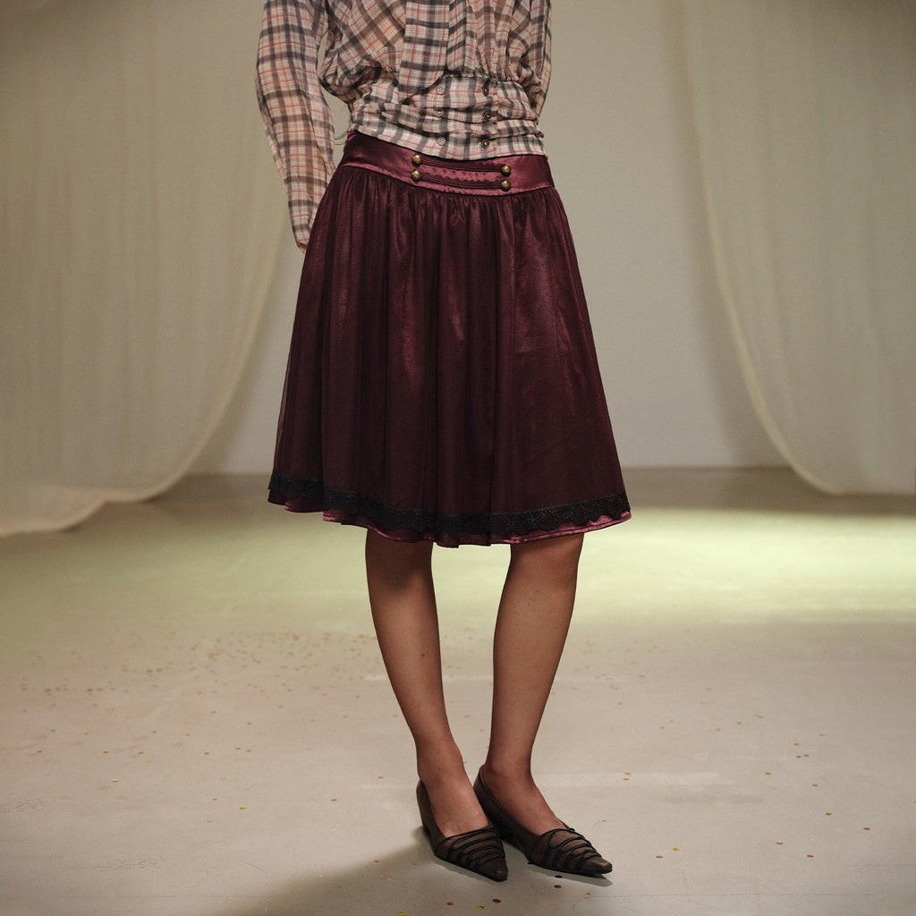 Purple Lace Tulle Gathered A Line Low Waist Women's Satin Layered Midi Skirts