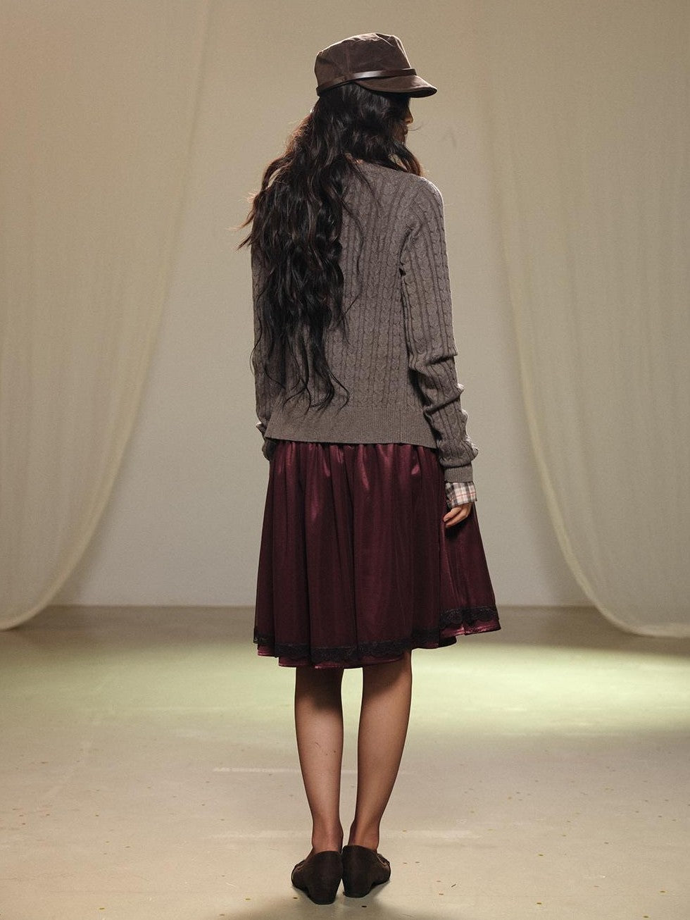 Purple Lace Tulle Gathered A Line Low Waist Women's Satin Layered Midi Skirts