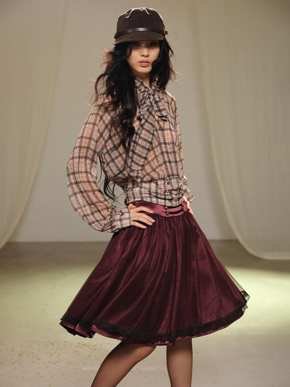 Purple Lace Tulle Gathered A Line Low Waist Women's Satin Layered Midi Skirts
