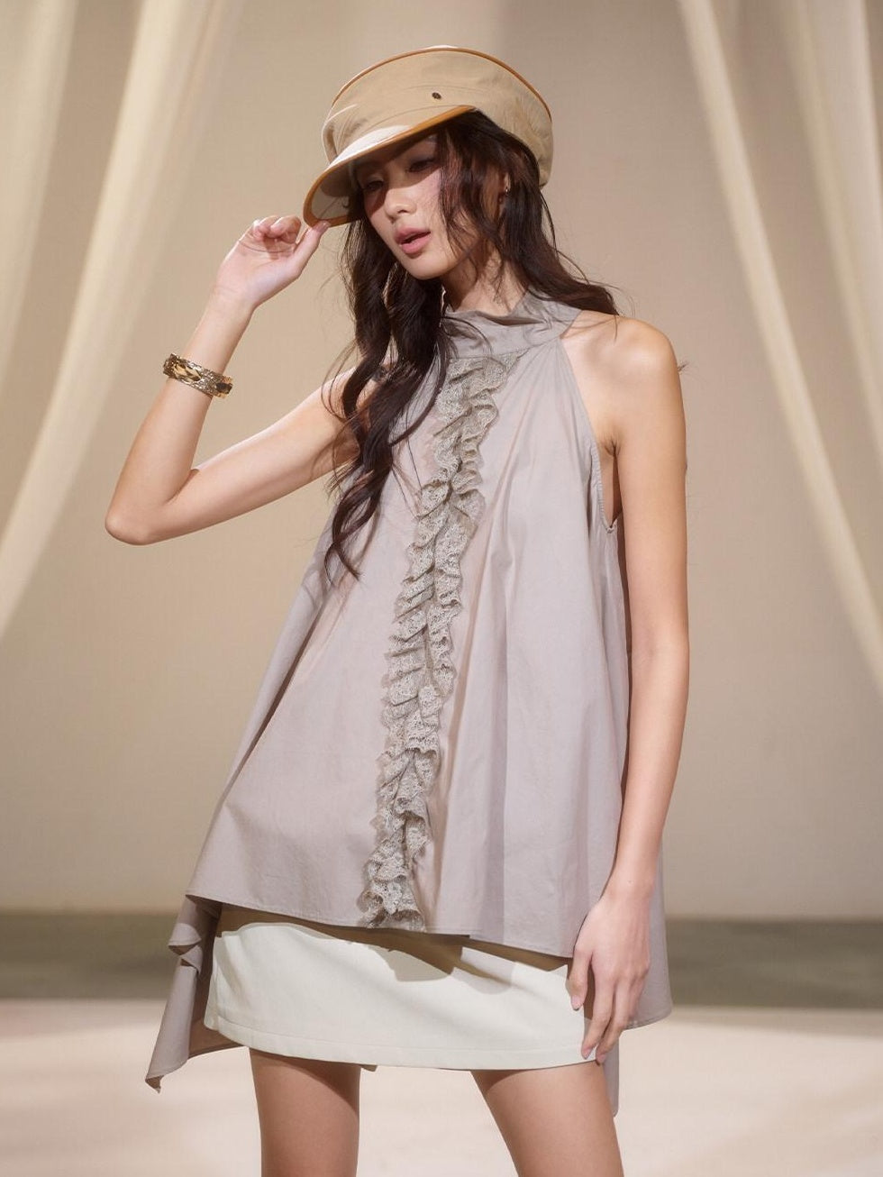 Relaxed Pleated Irregular Halter Modal Aline Sleeveless Khaki Casual Mini Dresses