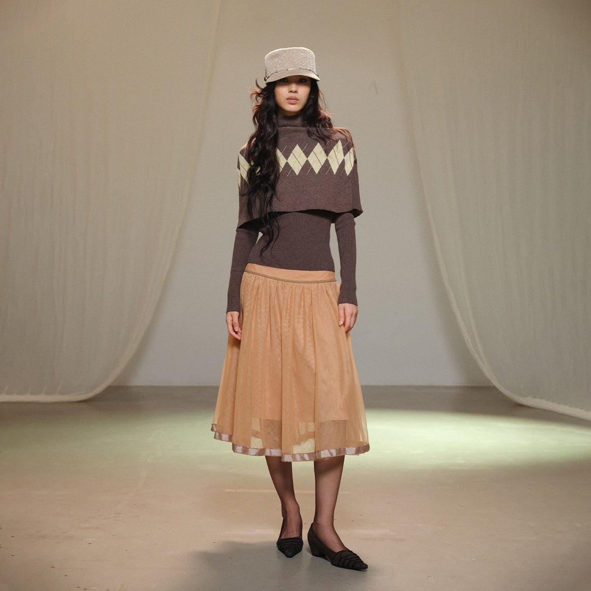 Retro Diamond Knit Stand Collar Cape Women's Wool Blend Long Sleeve T-shirts