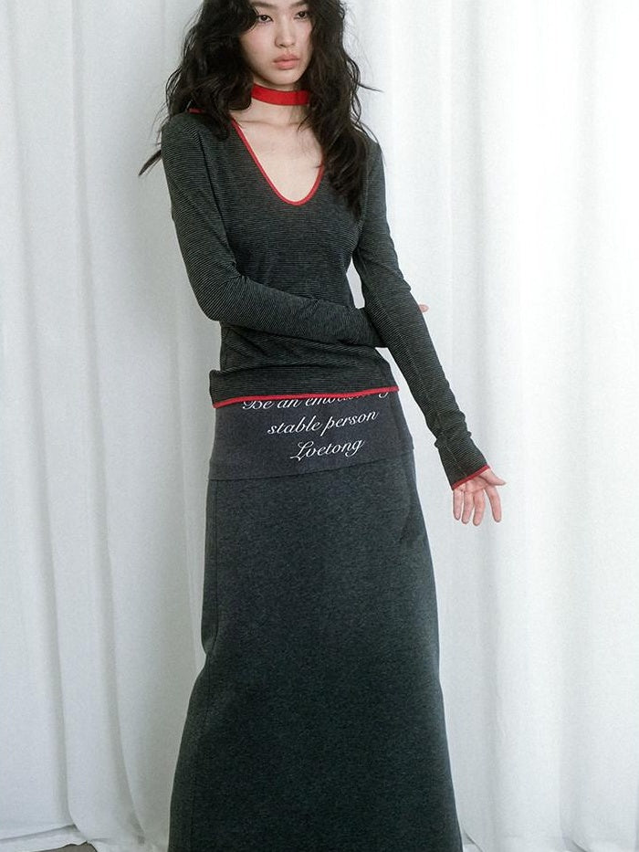 Soft Cotton Blend Vintage H Line Straight Long Solid Gray Women Maxi Skirts