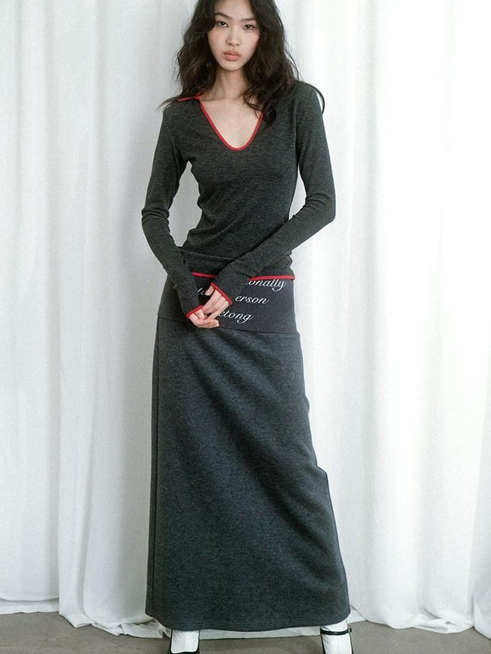 Soft Cotton Blend Vintage H Line Straight Long Solid Gray Women Maxi Skirts