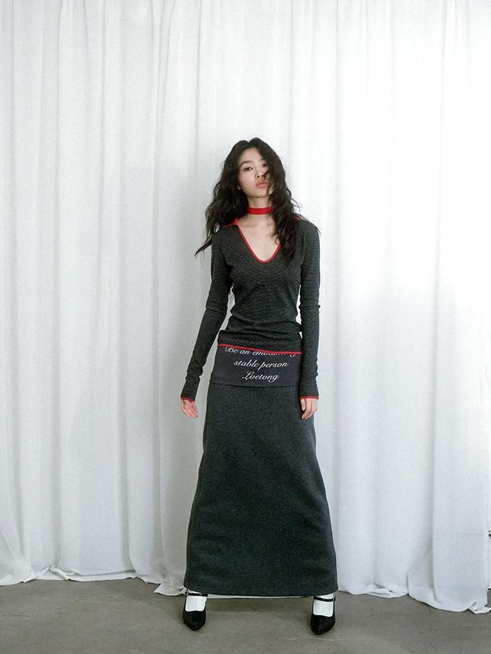Soft Cotton Blend Vintage H Line Straight Long Solid Gray Women Maxi Skirts
