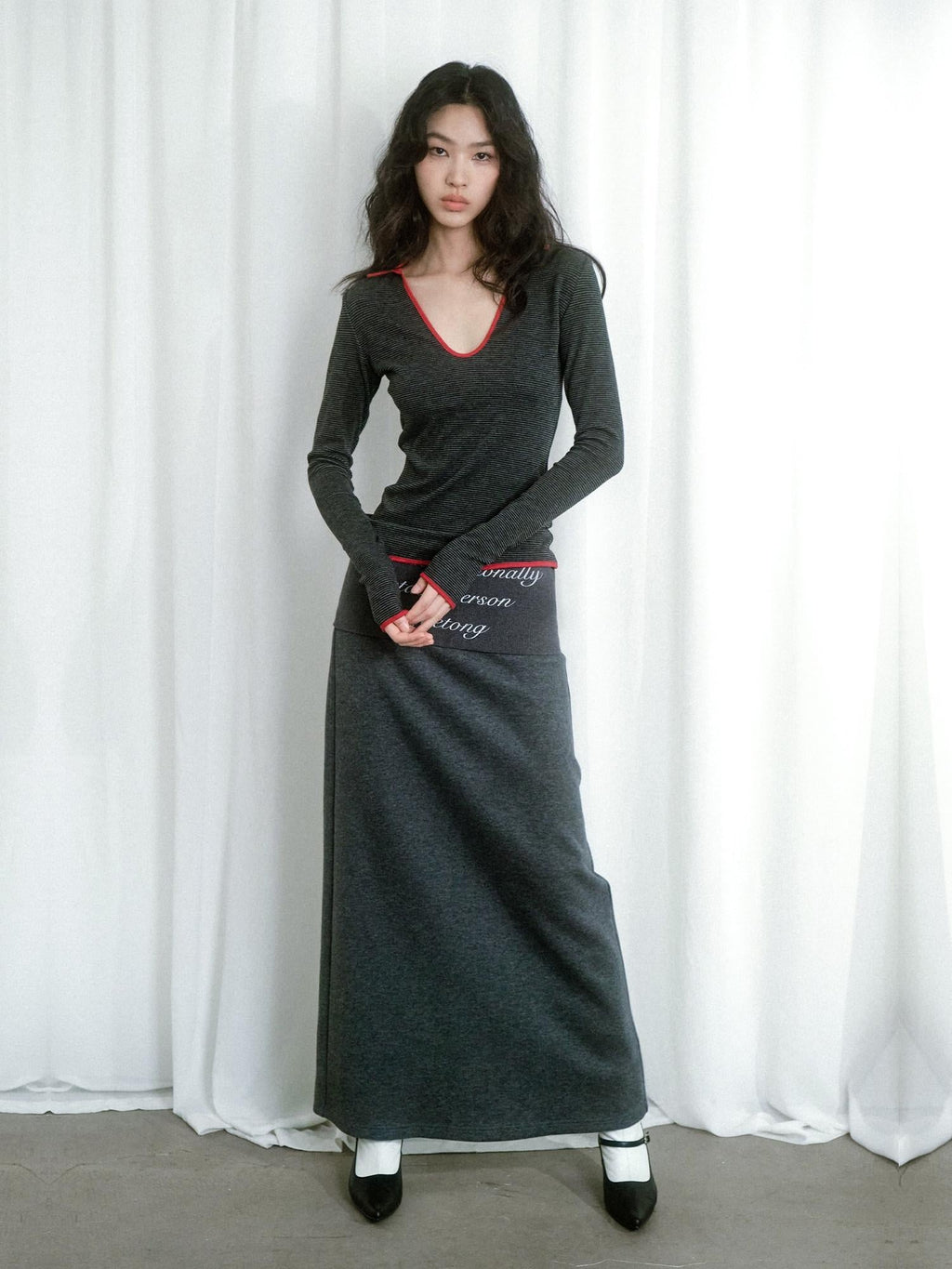 Soft Cotton Blend Vintage H Line Straight Long Solid Gray Women Maxi Skirts